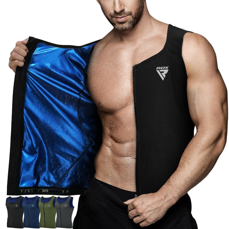 RDX Men Sauna Vest, Sweat Workout Shirt, Waist Trainer, Corset, Compression Body Shaper Zipper and Seamless Black Zipper Medium