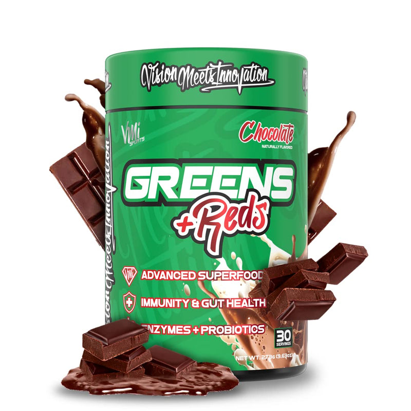 VMI Sports Greens + Reds Advanced Superfood Immunity and Gut Health | Enzymes & Probiotics | 30 Servings (Chocolate) | Superfood powder with greens reds enzymes and probiotics for convenient daily mixing with water or smoothies. Chocolate