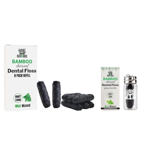 BOONBOO Dental Floss | 100FT/30M Bamboo Woven Thread Dispenser + 8pcs of 100FT | Mint Flavor | Refillable Glass Bottle | Teeth Flosser with Holder