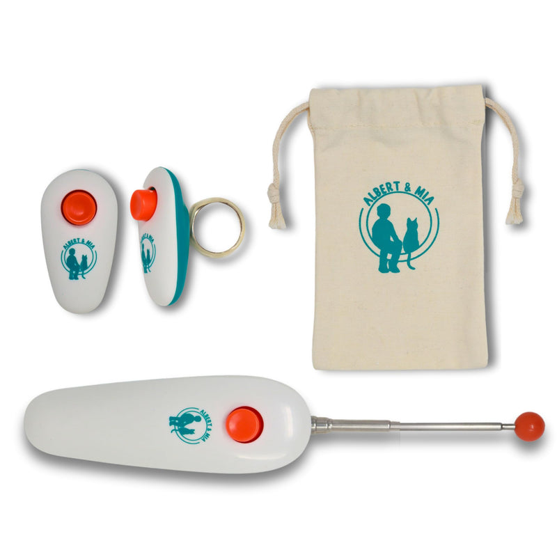 ALBERT & MIA Cat Training Kit (4 Pieces) - Quiet Clicker + Target Stick Clicker + Treats Pouch + Cat Clicker Training Start Guide (Beginner to Expert) Cat Training Set - BeesActive Australia