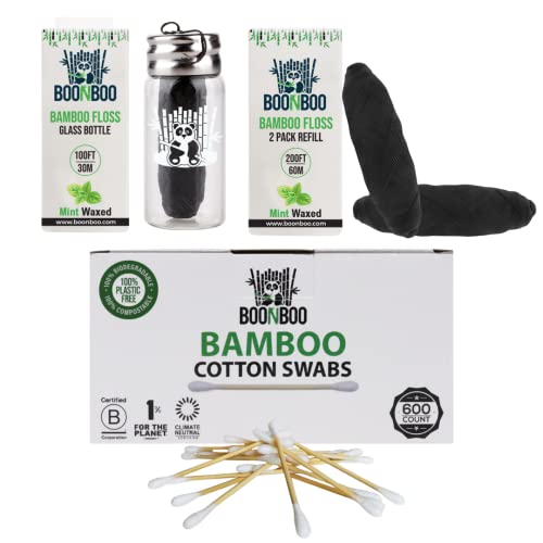 BOONBOO Bamboo Charcoal Dental Floss with Glass Holder + 2pcs Refill + 600ct Cotton Swabs