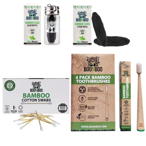 BOONBOO Bamboo Charcoal Dental Floss + 2pcs Refill + 600ct Cotton Swabs + Toothbrushes
