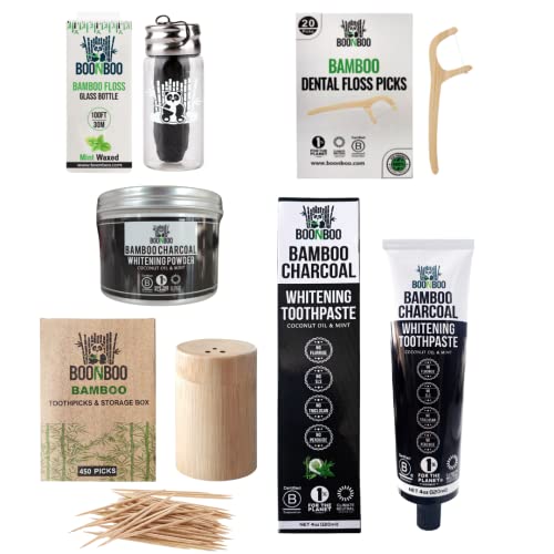 BOONBOO Dental Floss + Floss Picks + Toothpicks + Toothpaste + Charcoal Whitening Powder
