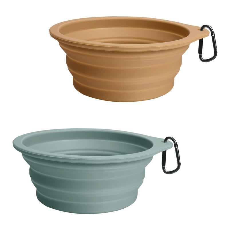 PetBonus 2-Pack Silicone Collapsible Dog Bowls, BPA Free Dishwasher Safe, Portable Foldable Expandable Travel Bowl, Food Water Feeding Cup Dish for Dogs Cats with 2 Carabiners (Turquoise, Tan) 20 Oz Turquoise, Tan - BeesActive Australia