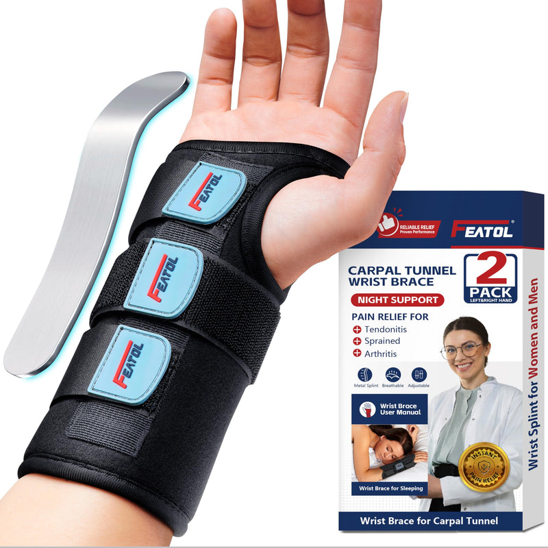 FEATOL Carpal Tunnel Wrist Brace Night Support 2 Pack - Wrist Splint for Pain Relief Tendonitis, Sprained, Arthritis - Metal Splint Stabilizer With Hand Brace -FOR Sleeping Women Men -Right&Left(M/L) Medium/Large (Pack of 1) 2 Pack (R and L)-Black