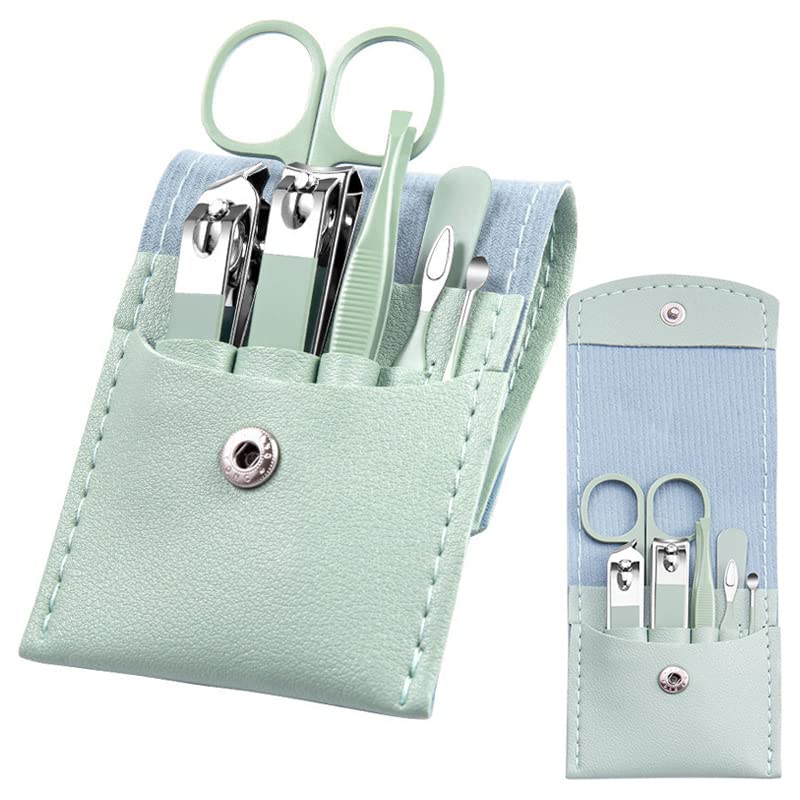 Manicure Set Nail Kit - 7 Pcs Travel Nail Clippers with Green Leather Bag