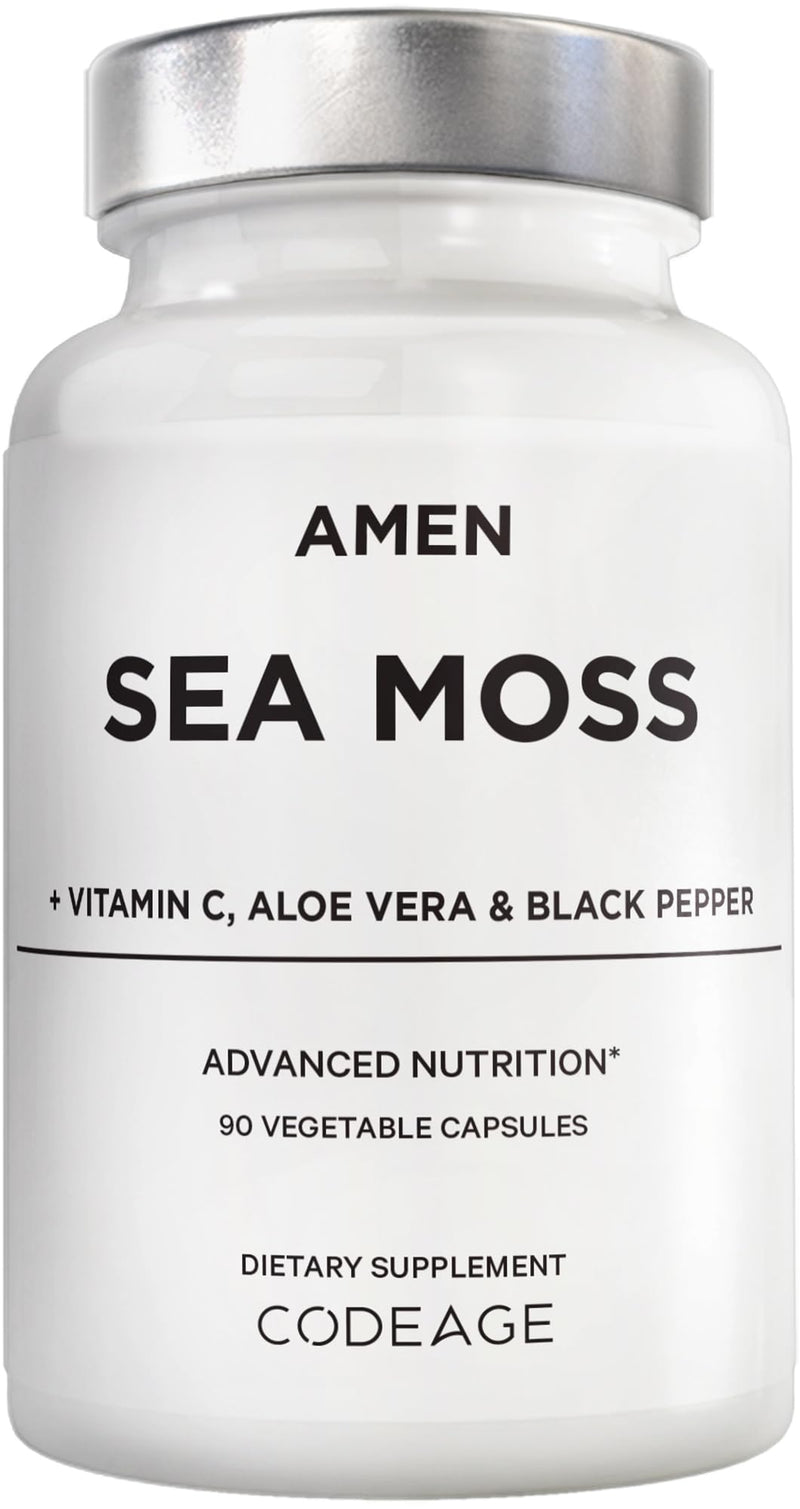 Amen Sea Moss, 1000mg Organic Irish Sea Moss, Bladderwrack, 90 Capsules | Organic Irish sea moss 1000 mg with bladderwrack, burdock root, vitamin C and black pepper. Vegan capsules.