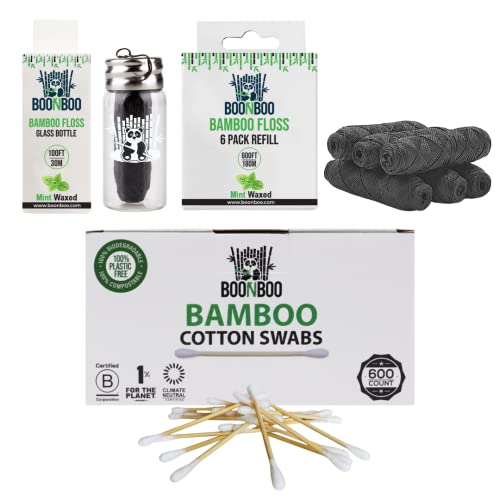 BOONBOO Dental Floss Glass Bottle + 8 Pack Refill Mint Flavor + 600ct Cotton Swabs