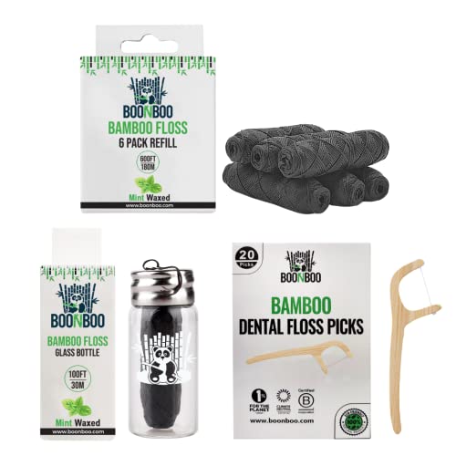BOONBOO Dental Floss Glass Bottle + 8 Pack Refill + 20ct Bamboo Picks