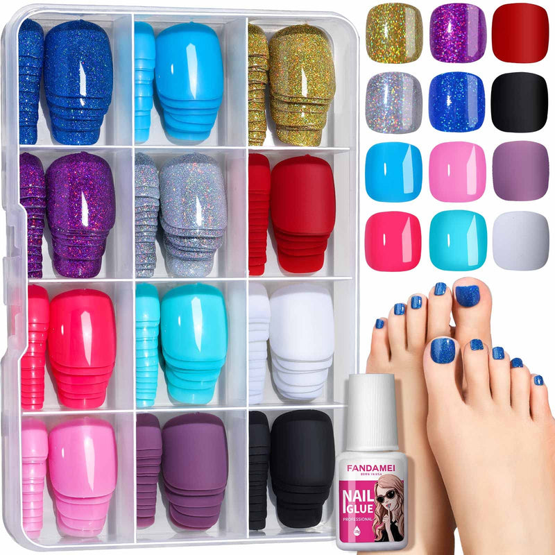 FANDAMEI Press on Toenails, 12 Colors 288PCS Press on Toe Nails Short Square, 4 Glitter Press on Toenails Full Cover, 4 Glossy False Toenails for Feet, 4 Matte Fake Toenails for Summer Nail Art Matte/Glossy/Glitter Square