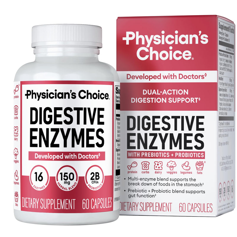 Physician's CHOICE Digestive Enzymes - Multi Enzymes, Organic Prebiotics & Probiotics for Digestive Health & Gut Health - Meal Time Discomfort Relief & Bloating - Dual Action Approach - 60 CT 60 Count (Pack of 1) - BeesActive Australia