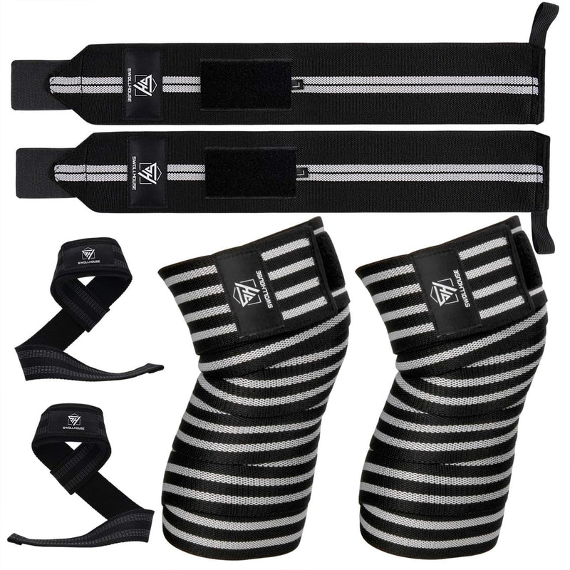 SWOLLHOUSE Knee Wraps + Wrist Wraps + Weight Lifting Straps Bundle (3 Pairs) for Weightlifting Bodybuilding Strength Training Workout Gym, Fitness Protective Set for Men & Women