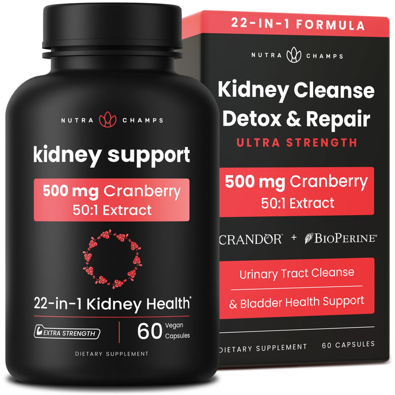 NutraChamps Kidney Cleanse Detox | 22-in-1 Kidney Support Supplement | Cranberry Pills Extract | Extra Strength & Flush Premium Formula | Urinary Tract Health for Women & Men | 60 Vegan Capsules