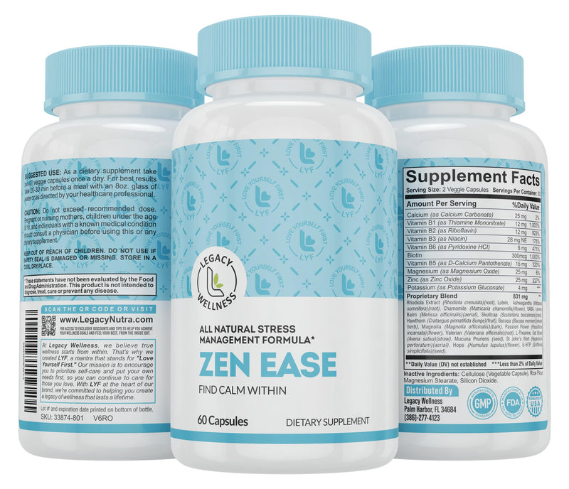 Legacy Wellness ZEN EASE Calm Mind Supplement - Natural Vegan Formula - 5-HTP, Ashwagandha, St. John's Wort, L-Theanine, Magnesium, B-Vitamins - Capsules To Promote A Good Feeling of Peace