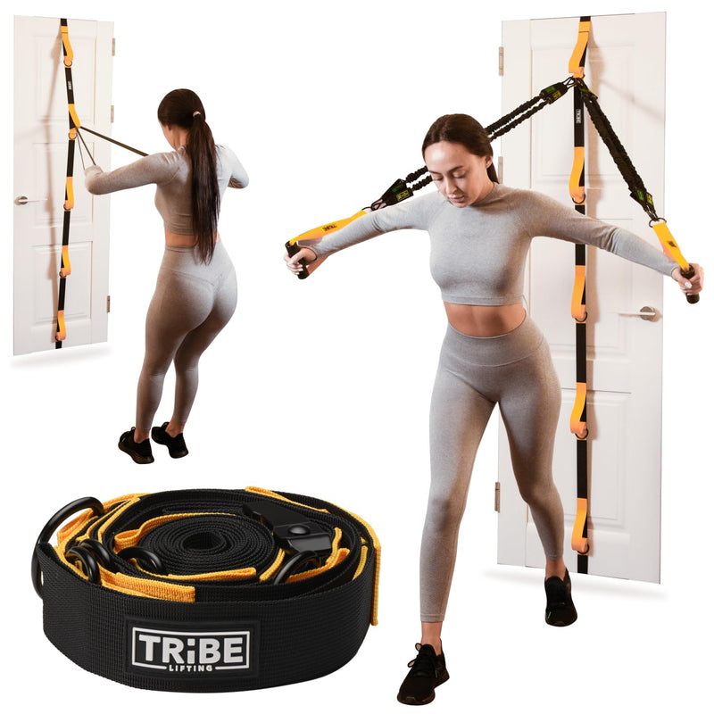 Tribe Lifting Adjustable Resistance Band Anchor - Door Anchor with 5 Loops & Metal Rings, Durable Nylon Strap for Full-Body Workouts Yellow Door Strap - BeesActive Australia