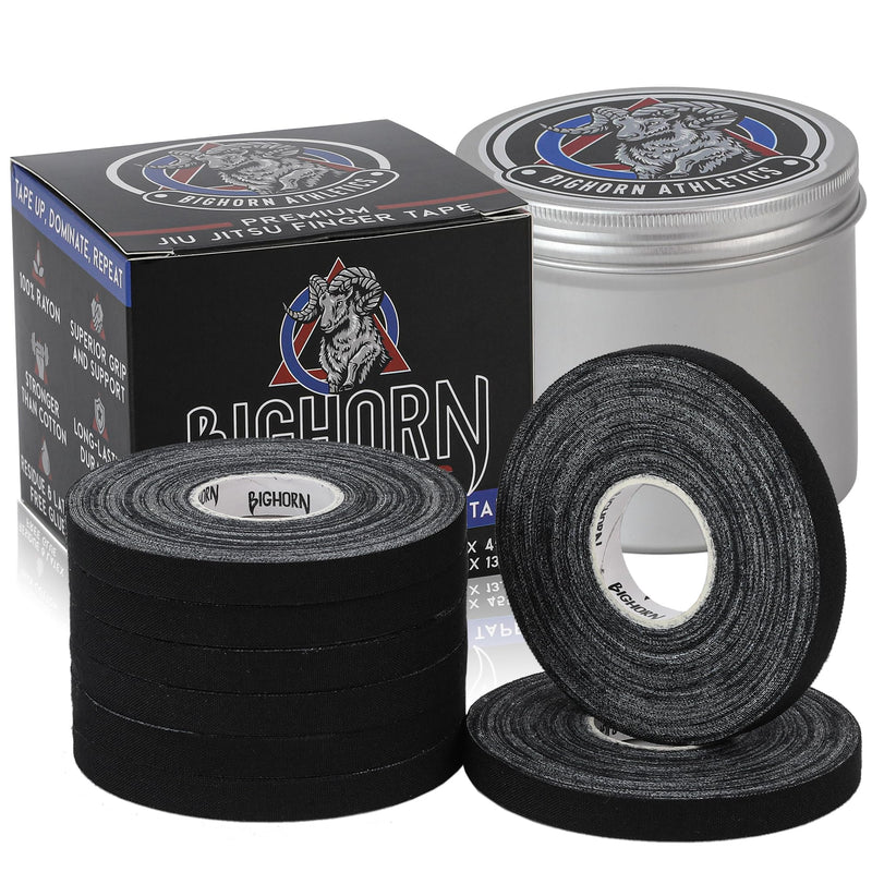 Bighorn Athletics Pro Series Jiu-Jitsu Finger Tape, 8-Rolls with Tin Holder, Enhanced Extra Strength, Residue-Free (0.3-Inch, Black) 0.3-Inch - BeesActive Australia