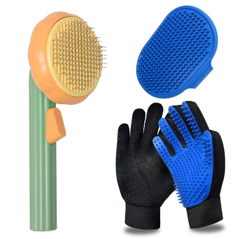 Cat Grooming Glove Brush,Self-Cleaning Slicker Pet Brush for Short and Long Haired Pets,Dog Bath Brush for Shedding and Grooming,Removes Loose Hair and Tangles,Promote Circulation Pumpkin-Green - BeesActive Australia