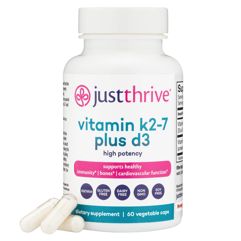 Just Thrive Vitamin K2-7 Plus D3 Supplement for Immune, Heart & Bone Health | 60 vegetable capsules, Vitamin K2-7 plus D3, Supports immune health, cardiovascular wellness, strong bones and daily vitality