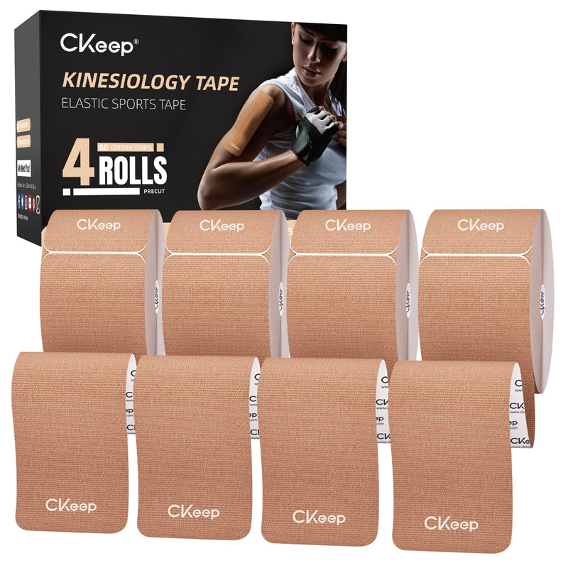 CKeep 4 Rolls Kinesiology Tape, Original Cotton Elastic Athletic Tape, 20 Precut 10" Strips Each, Beige, Ideal for Muscle Support & Injury Prevention - BeesActive Australia