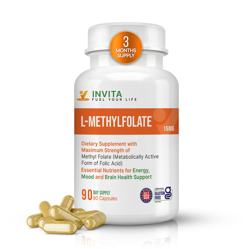 INVITA L-Methylfolate 15mg – Physician Formulated Active Methyl Folate - 5-MTHF Supplement for Energy, Mood & Brain Health Support - Non GMO, Gluten Free, 90 Capsules (3 Month Supply) 15 mg