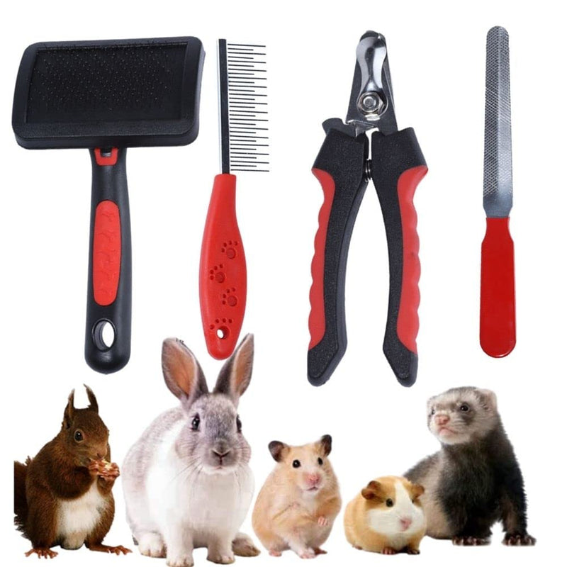 Rabbit Professional Nail Clippers Grooming Kit with Pet Shedding Slicker Brush, Pet Grooming Comb, Nail Clipper Trimmer for Rabbit, Puppy, Kitten, Guinea Pig, Hamster, Ferret (4PCS) 4PCS - BeesActive Australia