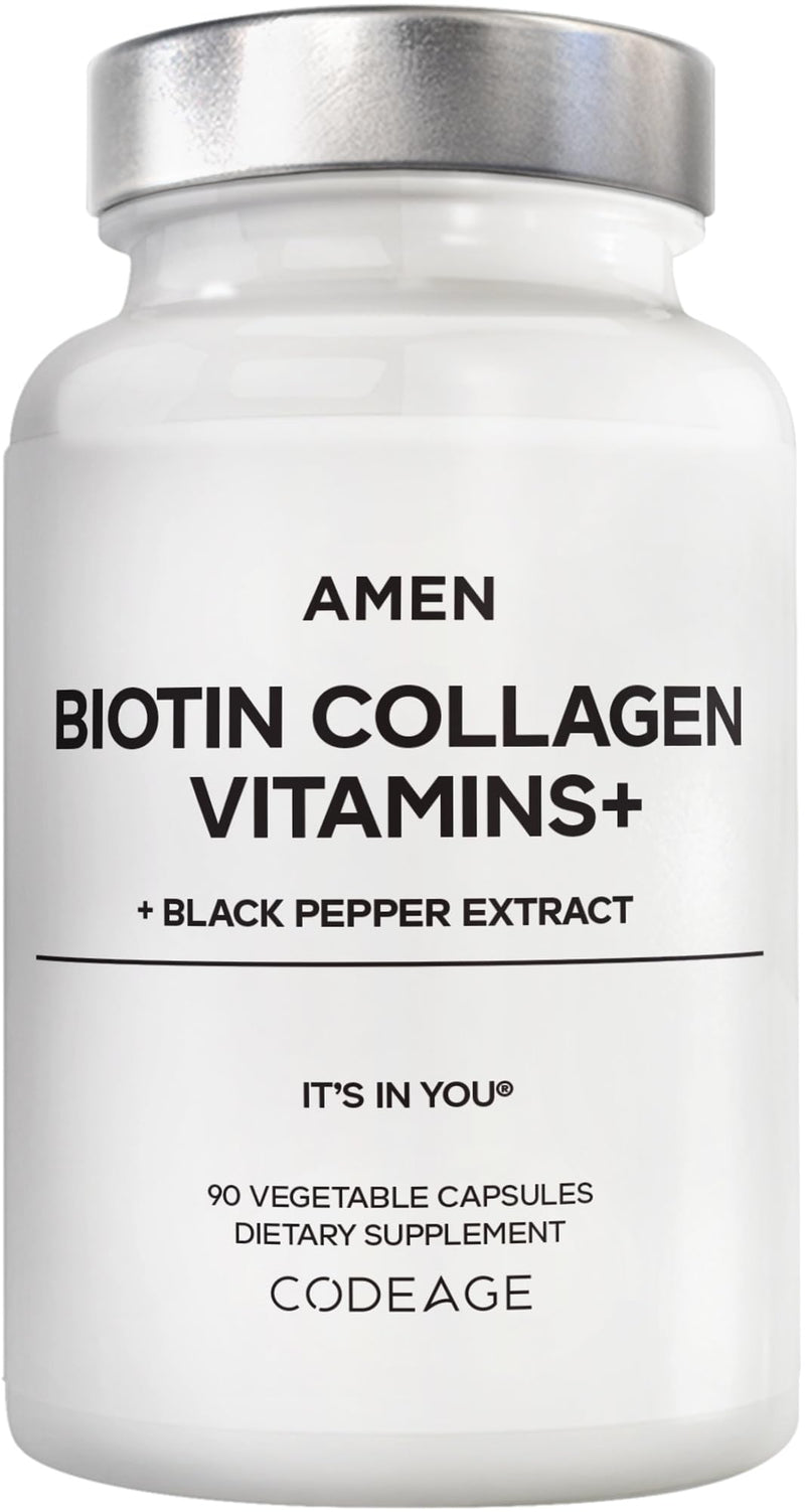 Amen Biotin Collagen Vitamins+ 10,000 mcg Biotin, Vitamins, 90 Capsules | Biotin 10,000 mcg with marine collagen, keratin, MSM, hyaluronic acid and vitamins C and E. Non-GMO.