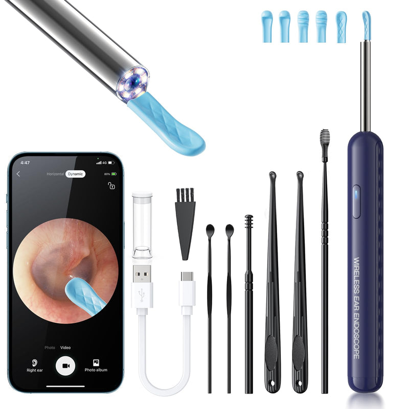 Ear Wax Removal, Ear Cleaner with Camera and Light, Ear Wax Removal Kit with 8 Pcs Set, Ear Wax Removal Tool Camera with 1080P, Ear Cleaning Kit with 6 Spoons, Ear Camera for iOS & Android (Blue) Blue - BeesActive Australia