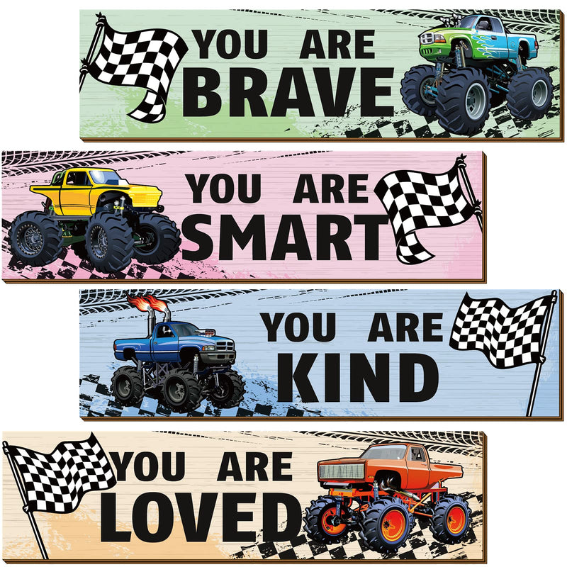 4 Pcs Truck Bedroom Wall Decor for Boys Construction Trucks Boys Room Decor Inspirational Racing Car Wooden Hanging Sign Motivational Quote Car Decoration for Kid Nursery Playroom Kindergarten - BeesActive Australia
