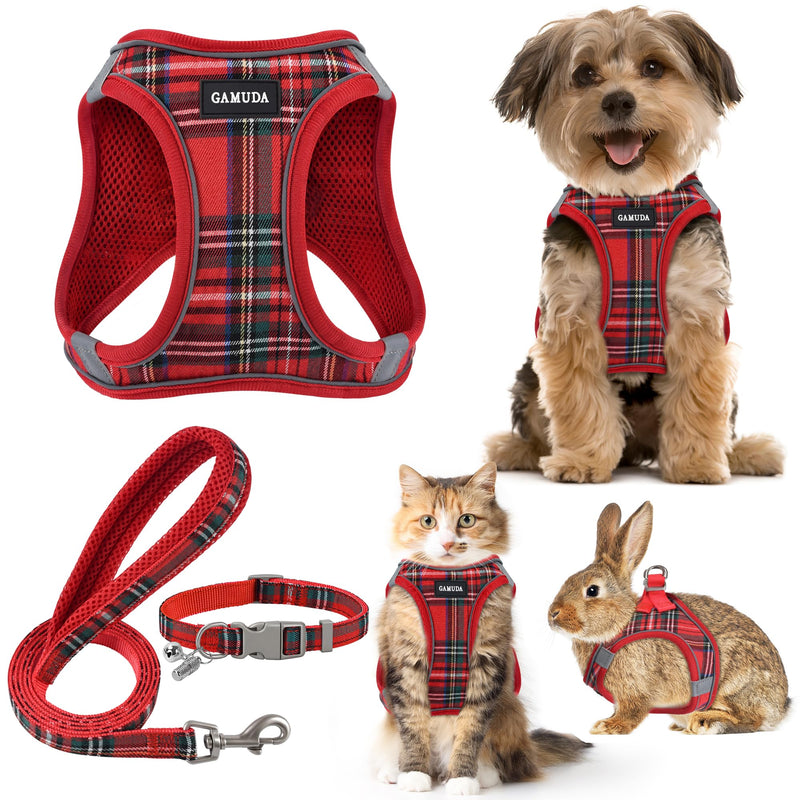 GAMUDA Small Dog Harness Collar and Leash Set, Step in No Chock No Pull Soft Mesh Adjustable Dog Vest Harnesses Plaid Reflective for Dogs Puppy Cats Kitten Rabbit (Red, S) Red - BeesActive Australia