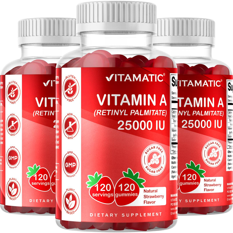 Vitamatic Sugar Free Vitamin A 25000 IU Gummies (Retinyl Palmitate) - Natural Strawberry Flavor - 120 Pectin Based Gummies (1 Bottle) 1 Bottle - BeesActive Australia