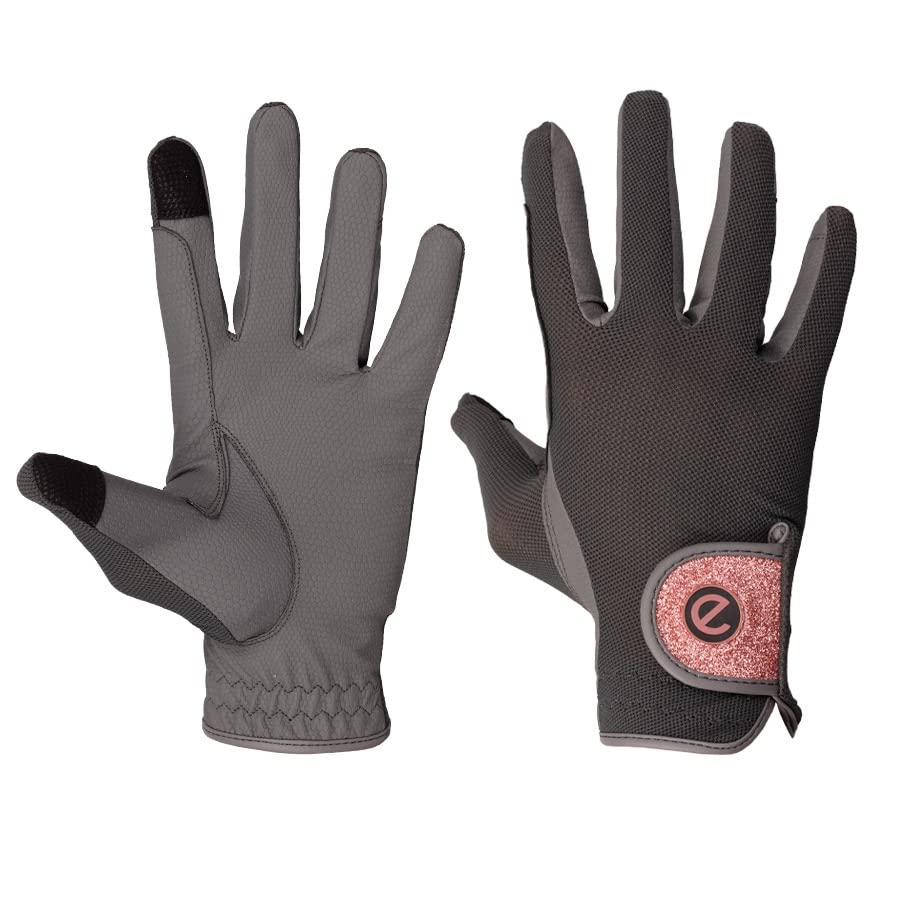 eGlove - eQUEST GripPro X-LITE Horse Riding Gloves - Lightweight, Breathable, Grippy Non-Slip Material - Comfort Mesh Back - Touchscreen Gloves Large Grey - Rose Gold Glitter Cuff - BeesActive Australia