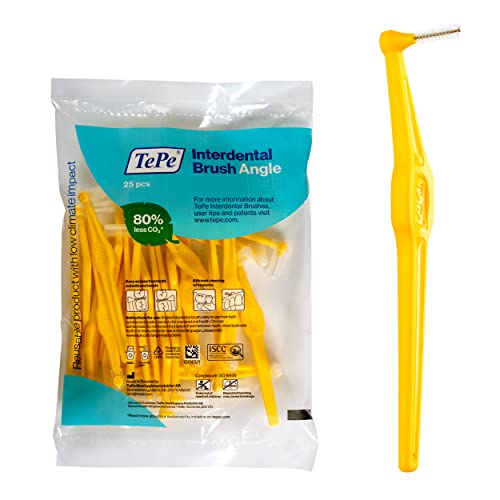 TePe Interdental Brush Angle, Angled Dental Brush for Teeth Cleaning, Pack of 25, 0.7 mm, Medium Gaps, Yellow, Size 4
