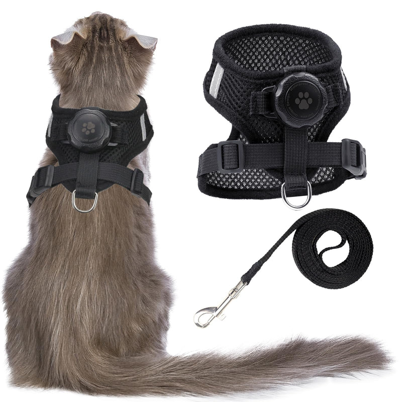 AirTag Cat Harness and Leash for Walking, Integrated Cat Vest with 100% Waterproof Air Tag Holder, Escape Proof Reflective Adjustable Vest Harnesses with Apple Air Tag Case for Cats, Kittens, Puppies Small Black - BeesActive Australia