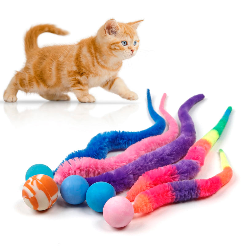 SHENGSEN Mixed Bouncy Ball with Tail Cat Toys-5 Packs,Rainbow Magic Worm with Ball Toy for Cats,Colorful Fuzzy Worm Bouncy Balls Cat Toy Mixes bouncy balls - BeesActive Australia