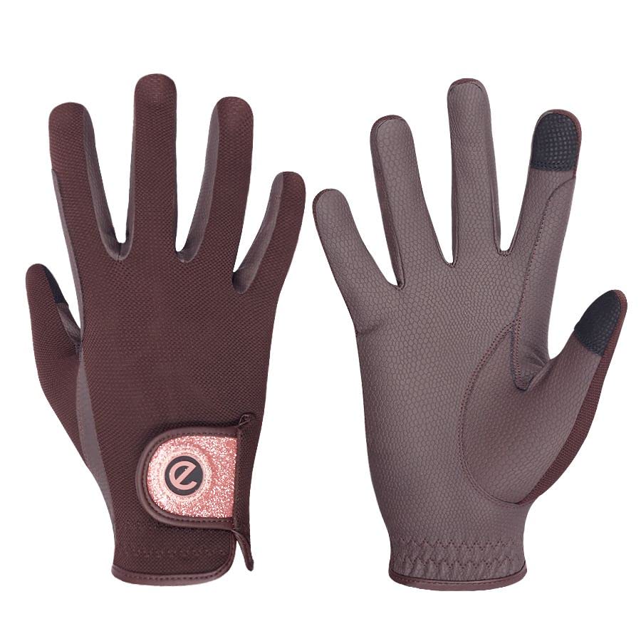 eGlove - eQUEST GripPro X-LITE Horse Riding Gloves - Lightweight, Breathable, Grippy Non-Slip Material - Comfort Mesh Back - Touchscreen Gloves Small Brown - Rose Gold Glitter Cuff - BeesActive Australia