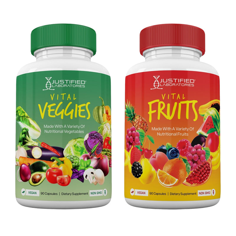 Justified Laboratories Superfoods Set - Includes Vital Fruits (90 Capsules) + Vital Veggies (90 Capsules) - Non-GMO, Vegan - 30 Servings per Bottle 90 Count (Pack of 2)