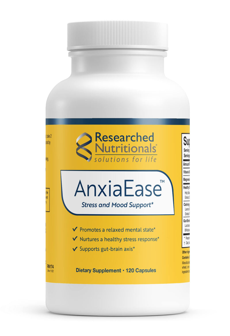 Researched Nutritionals AnxiaEase - Stress, Cortisol Management & Mood Support Supplement - Botanicals, Vitamin B6, Magnesium & 'Psychobiotic' Probiotic Strains (120 Capsules)