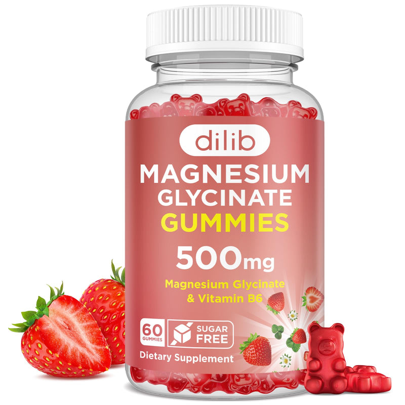 Magnesium Glycinate Gummies 500mg - Magnesium Supplement with Vitamin B6 for Adults & Magnesium for Kids - Calm Magnesium for Sleep, Mood, Muscle Support - Strawberry Flavor, 60 Gummies 60 Count (Pack of 1)