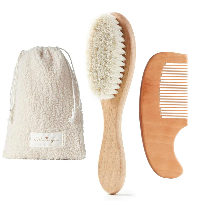 MYZI Baby Hair Brush Set ‚Äì Baby Brush and Comb Set Newborn, Baby Comb and Brush Set Boy and Girl, Newborn Hair Brush and Newborn Comb - Baby Gift Set Cream