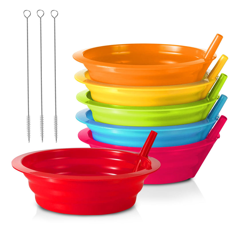 Kids Cereal Bowls with Straws - Set of 6 Plastic Bowl with Straw For kids BPA Free Dishwasher and Microwave Safe - 22 Oz Toddlers Bowls with Built-In Straws Includes 3 Cleaning Brushes - BeesActive Australia