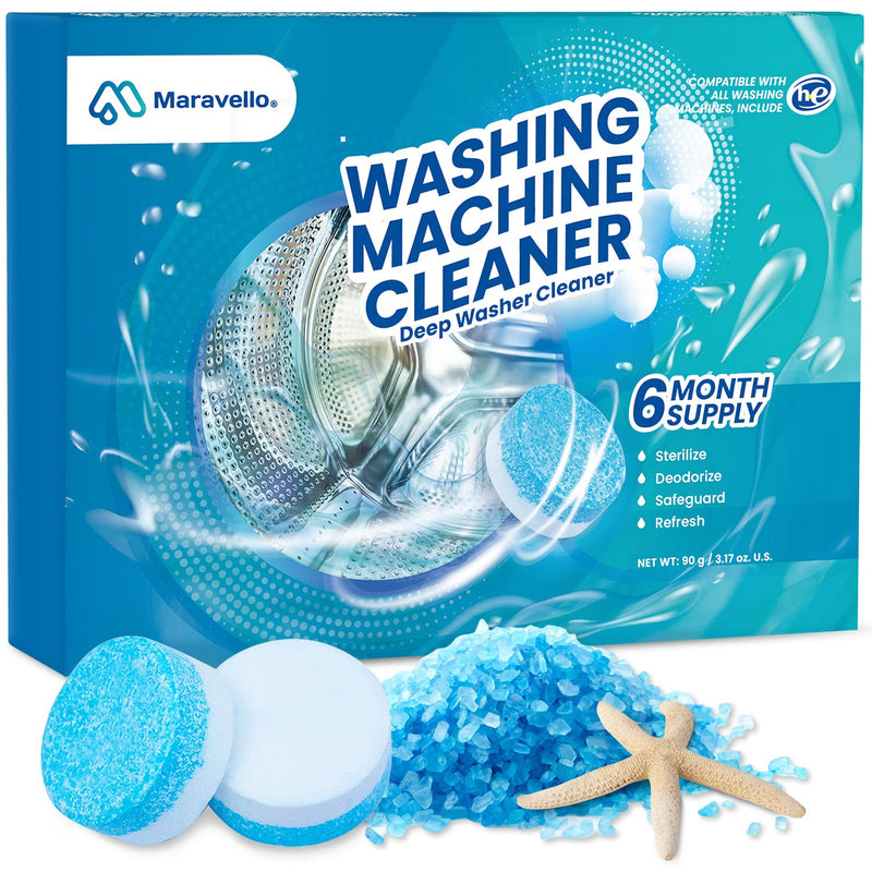 Maravello Washing Machine Cleaner Descaler Tablets Washing Machine Cleaning Tablets - for Front Load and Top Load Washers, Mold and Stain Remover for Laundry Tub 6-Month Supply (Sea Salt, 6 Count) Sea Salt 6 Count (Pack of 1) - BeesActive Australia