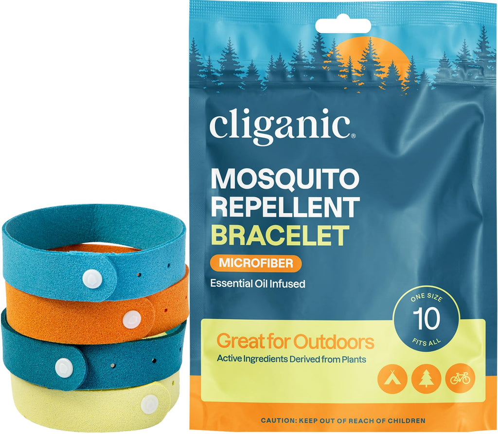 Cliganic Mosquito Repellent Microfiber Bracelets (10 Count) - for Adults and Kids, DEET Free Wristbands 10 Count (Pack of 1)