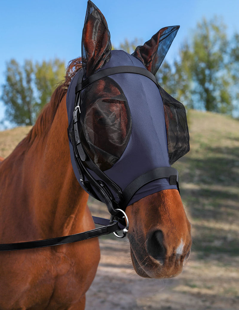 Horse Fly Mask with Ears, UV Protection Fly Mask for Horses, Elasticity Fly Mask with Big Mesh Eye Covers, Snug Fitting Comfortable Breathable Lightweight Fly Mask Horse Navy Cob Medium