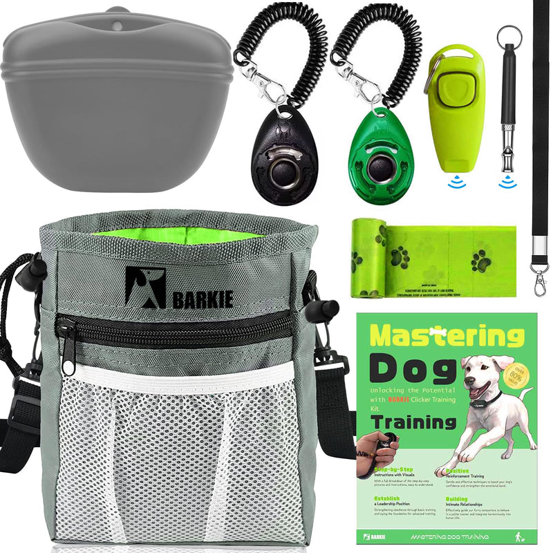 BARKIE Dog Training Kit - Treat Pouch, Pet Training Fanny Pack, 2 Puppy Training Clickers, Ultrasonic Silent Whistle, 2-in-1 Whistle Clicker, Clicker Training Guide Booklet, Dog Poop Bag (Grey) Grey - BeesActive Australia