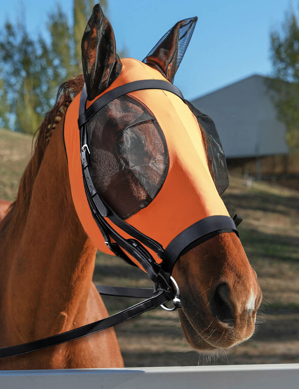 Horse Fly Mask with Ears, UV Protection Fly Mask for Horses, Elasticity Fly Mask with Big Mesh Eye Covers, Snug Fitting Comfortable Breathable Lightweight Fly Mask Horse Red Orange Full Large