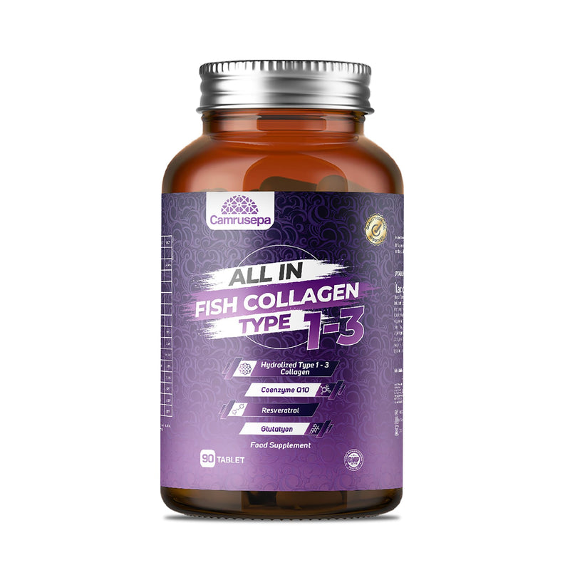 All in Fish Collagen Type 1-3 – Marine Collagen Tablets with Hyaluronic Acid, Resveratrol, Glutathione, Selenium, Zinc & Vitamins – Hair, Skin, Joint & Nail Support – 90 Tablets