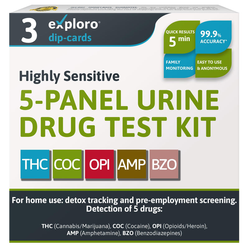 Exploro 5 Panel Drug Test Kit – At Home Urine Drug Test for THC, Cocaine, Opiates, Amphetamines & Benzodiazepines – Rapid & Accurate & Easy At Home Drug Testing Strips (Pack of 3) 3 Count (Pack of 1)