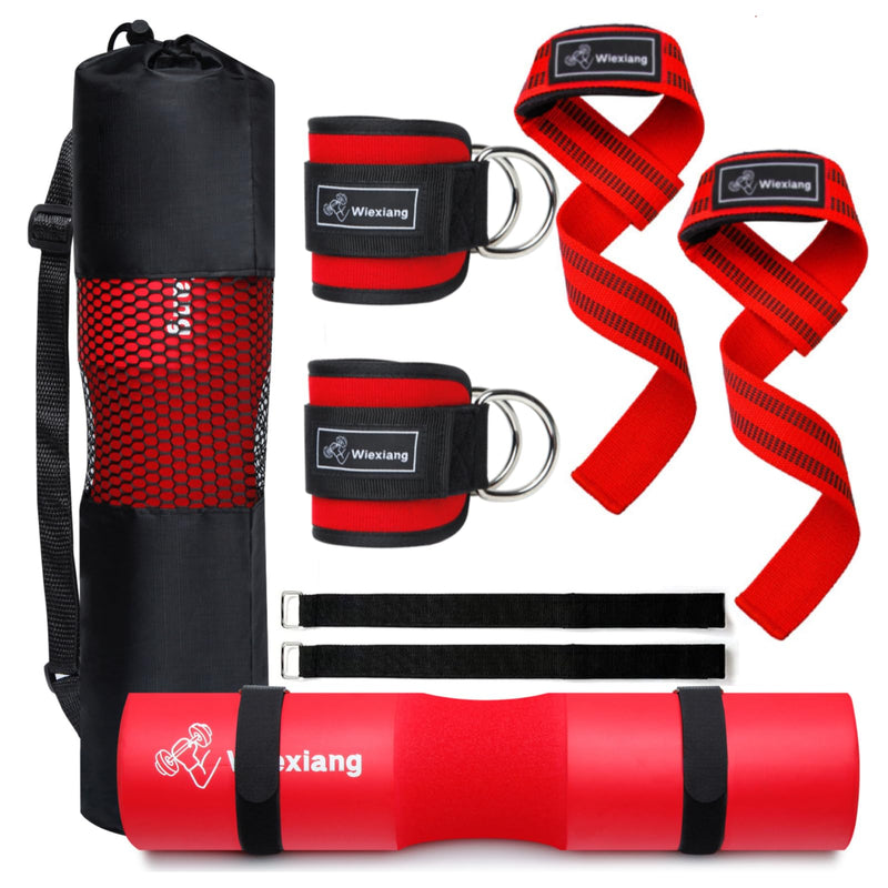 Barbell Pad Set for Squat Hip thrust pad, Fits Standard Olympic Bars and Smith Machine, Lifting Straps Ankle Strap For Cable Machine Squat Pad Safety Straps and Carry Bag, gym accessories for 8Pcs Red - BeesActive Australia