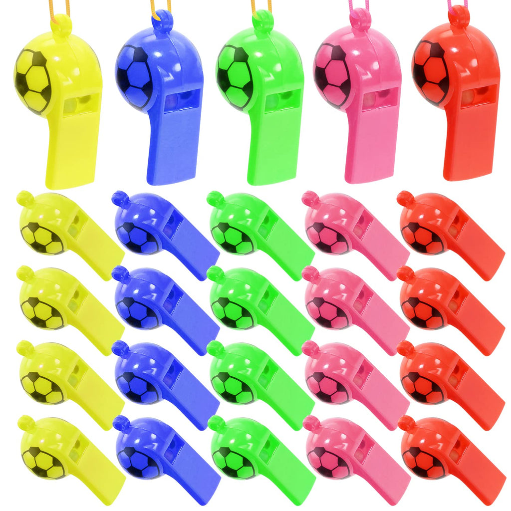 PENTA ANGEL Sports Whistles with Lanyard 25Pcs Soccer Pattern Loud Crisp Sound Plastic Training Whistles for School Camping Christmas Birthday Party Favor Goody Bag Fillers Mixed Color 25 - BeesActive Australia