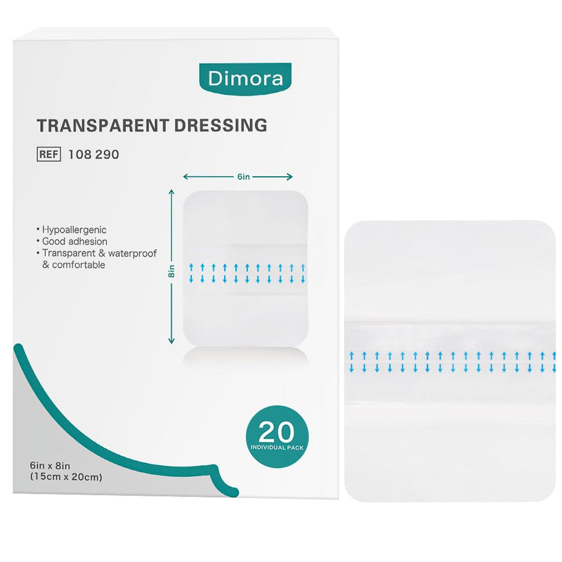 Dimora Transparent Film Dressing 6x8 inch 20 Packs with Hypoallergenic Adhesive, Large Waterproof Wound Bandages Post Surgical for Swimming, Tattoo Aftercare Bandage, IV Shield 6"x 8" - BeesActive Australia